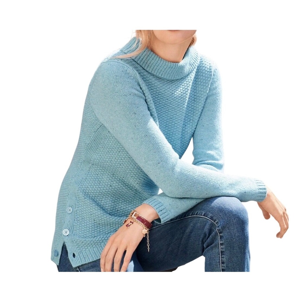 Talbots Plus Petite 3XP Aqua Blue Mock Neck Textured Knit Button Side Sweater
